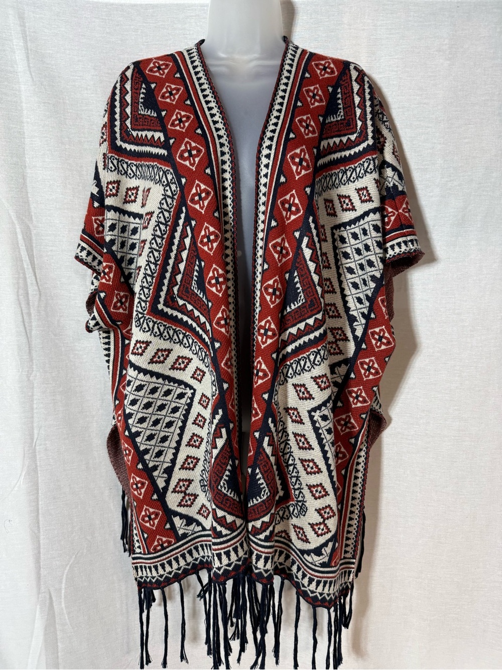 Flying Tomato Open-Front Aztec Knit Poncho - Red, Black & Cream Size S/M